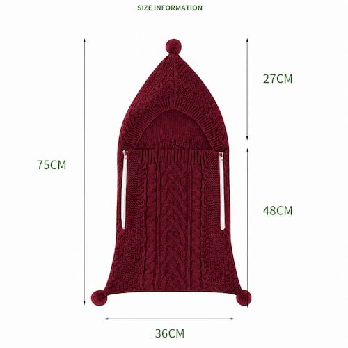 guide des dimensions du nid d ange cosy en maille tricotee avec mesures detaillees de la capuche et du corps
