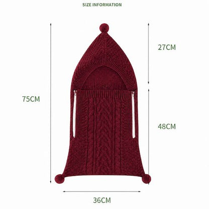guide des dimensions du nid d ange cosy en maille tricotee avec mesures detaillees de la capuche et du corps