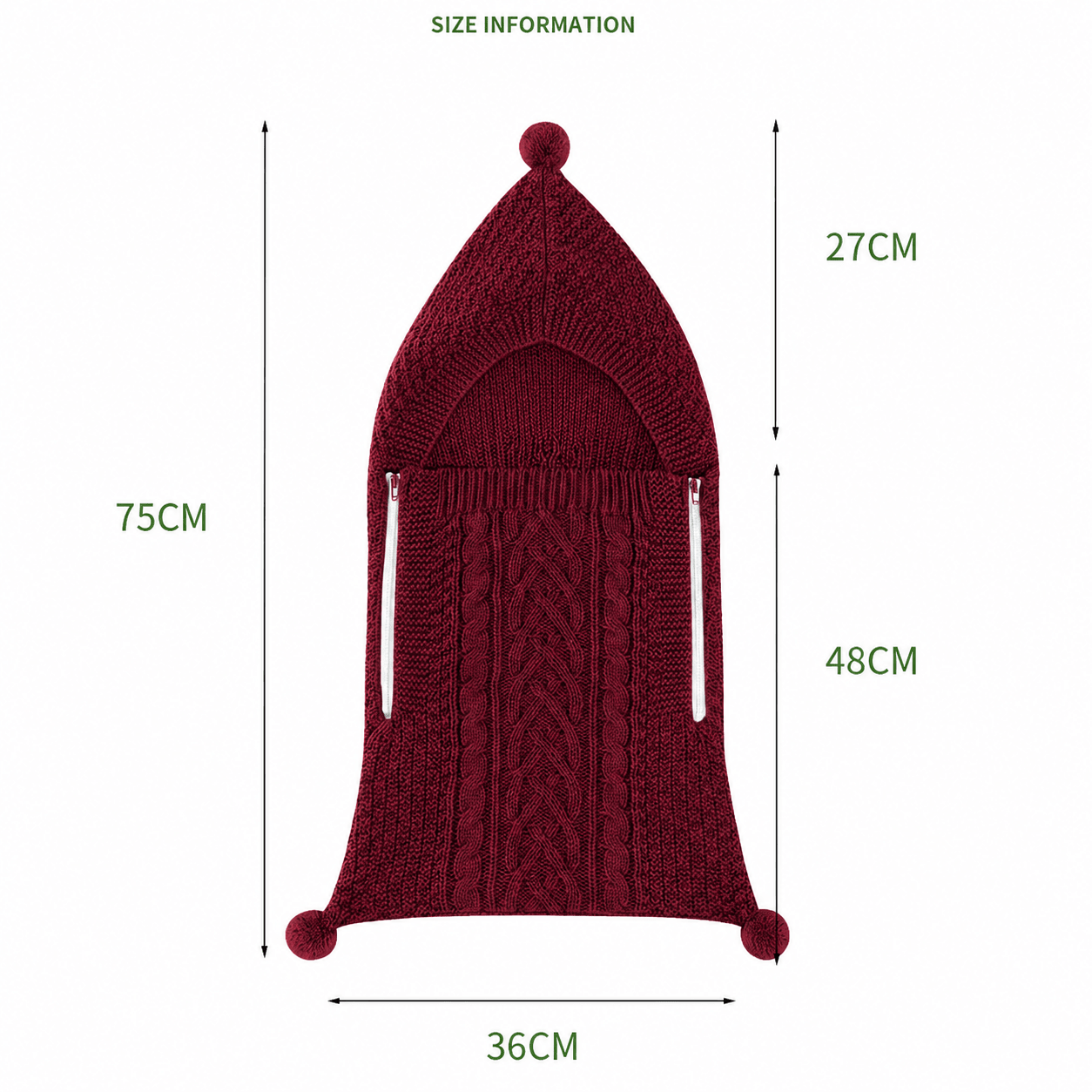 guide des dimensions du nid d ange cosy en maille tricotee avec mesures detaillees de la capuche et du corps