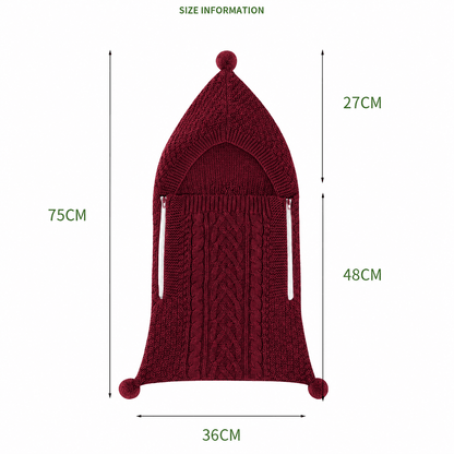 guide des dimensions du nid d ange cosy en maille tricotee avec mesures detaillees de la capuche et du corps