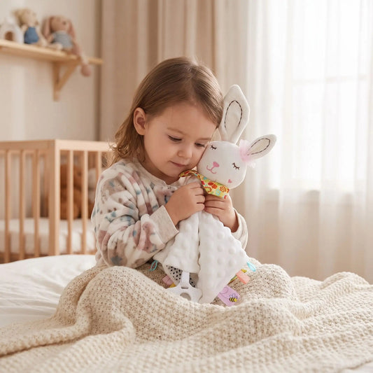 jeune enfant calinant son doudou lapin blanc tout doux