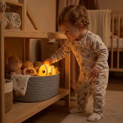 jeune enfant prenant une veilleuse led poisson clown dans un panier de jouets pour accompagner le rituel du coucher
