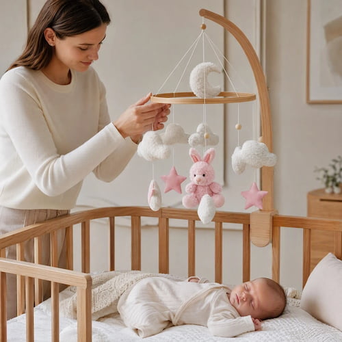 Maman ajuste mobile lit bébé lapin rose au-dessus du bébé