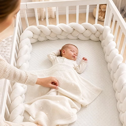 : Maman ajuste une tour de lit tressée blanche autour du bébé endormi