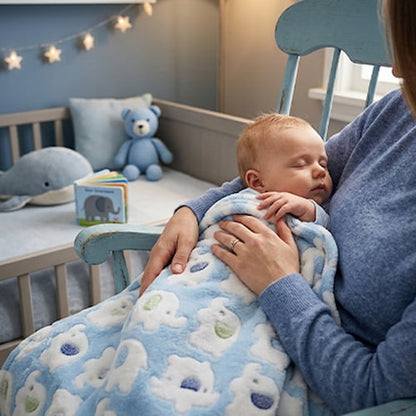 Maman berce bébé endormi avec une couverture bébé polaire bleue à motifs d’éléphants