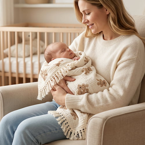 Maman berce son bébé enveloppé dans une couverture bébé douce à motifs ours et franges