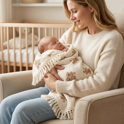 Maman berce son bébé enveloppé dans une couverture bébé douce à motifs ours et franges