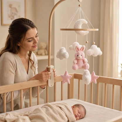 Maman fixe mobile lit bébé lapin rose au-dessus du berceau
