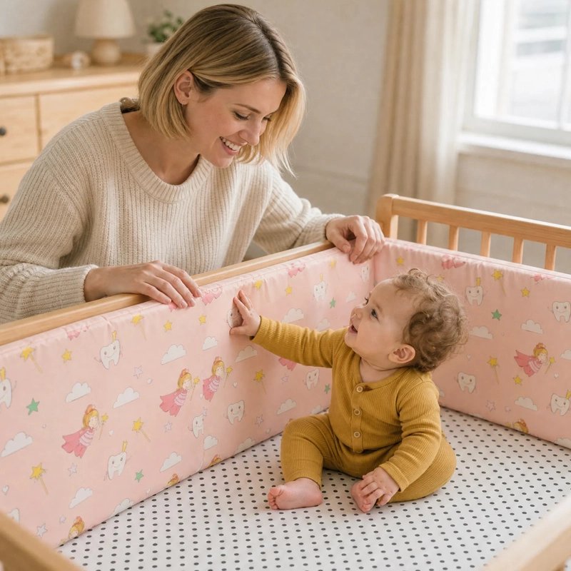 Maman installe un tour de lit rose à motifs de princesses et nuages