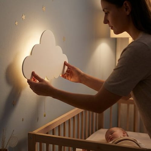 Maman installe une veilleuse murale nuage lumineuse près du lit de bébé