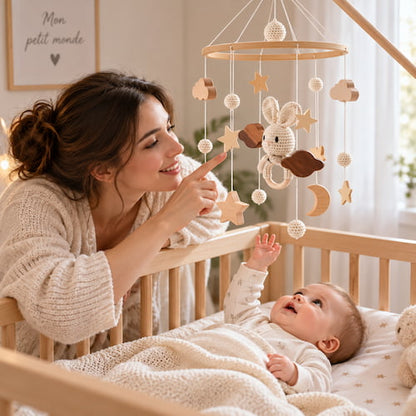 maman joue avec bebe sous un mobile lit bébé lapin en bois