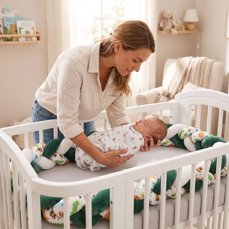 Maman prend soin de son bébé dans un lit entouré d’une tresse de lit bébé