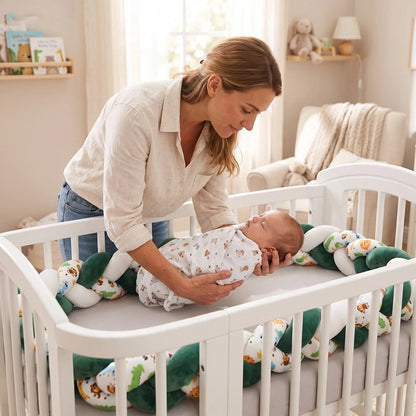 Maman prend soin de son bébé dans un lit entouré d’une tresse de lit bébé