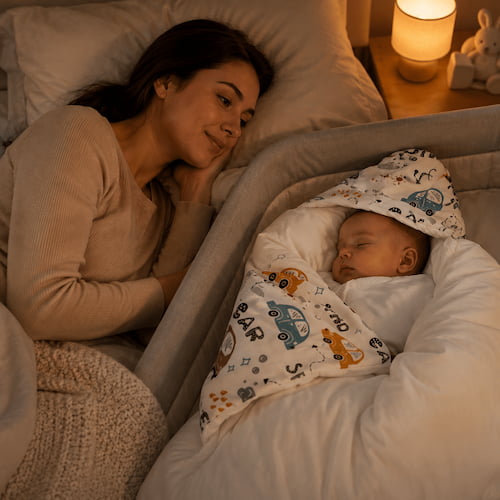 Maman veille sur son bébé endormi, confortablement installé dans un nid d ange siege auto motif voitures