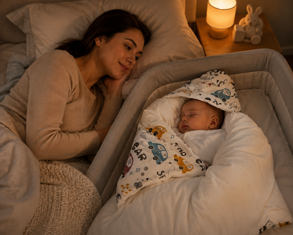 Maman veille sur son bébé endormi, confortablement installé dans un nid d ange siege auto motif voitures