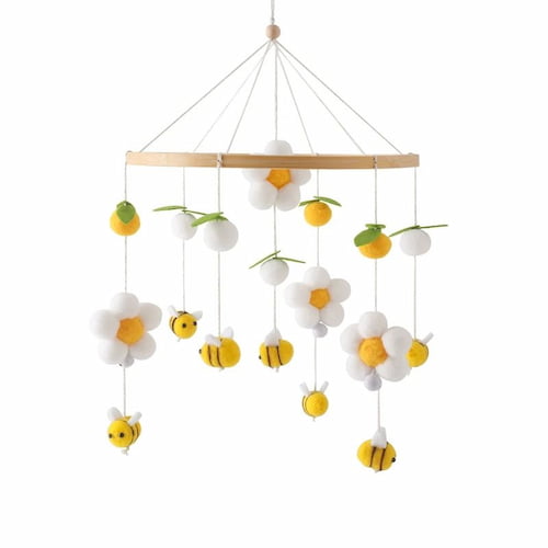 Mobile bebe abeille jaune avec fleurs blanches, fruits jaunes et abeilles en feutrine