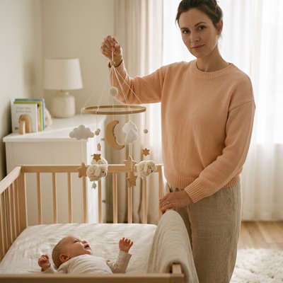 Mobile bébé avec petits moutons en laine, nuages blancs, étoiles et lune, observé par bébé depuis son lit