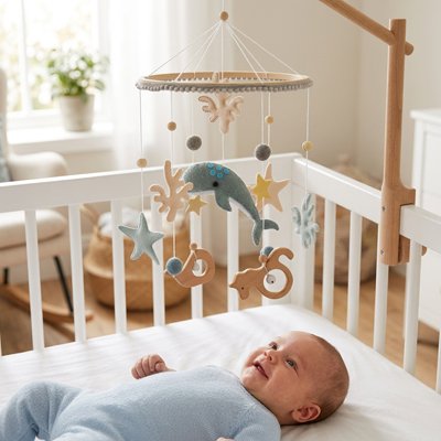 Mobile bebe en bois avec baleine bleue, étoiles et animaux suspendus au-dessus du berceau