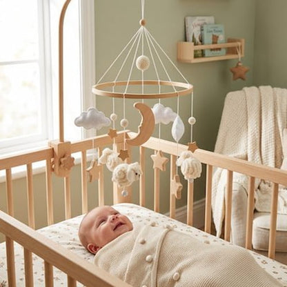 Mobile bébé en bois naturel avec moutons, nuages et lune, pendant au-dessus d’un berceau où bébé souri