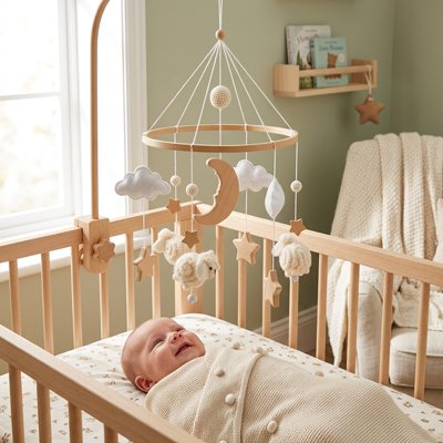 Mobile bébé en bois naturel avec moutons, nuages et lune, pendant au-dessus d’un berceau où bébé souri