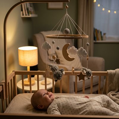 Mobile bébé en bois naturel décoré de moutons, nuages et étoiles, créant une ambiance douce dans la chambre