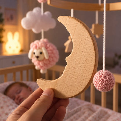 Mobile bébé mouton rose avec lune et étoiles en bois