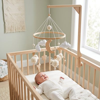 Mobile bébé suspendu au-dessus du berceau, avec moutons et formes en bois, pendant que maman l’installe près de bébé