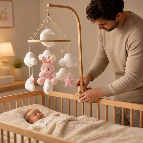Mobile lit bébé avec lapin rose installé par papa