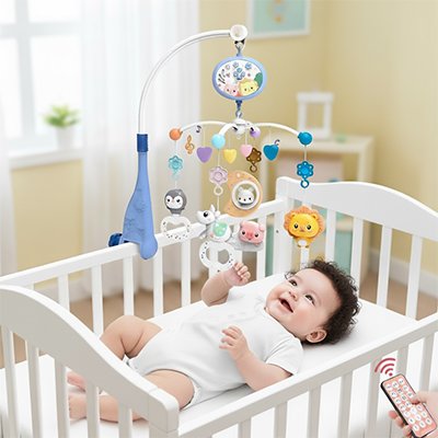 Mobile musical bébé avec animaux colorés, musique et télécommande près du berceau