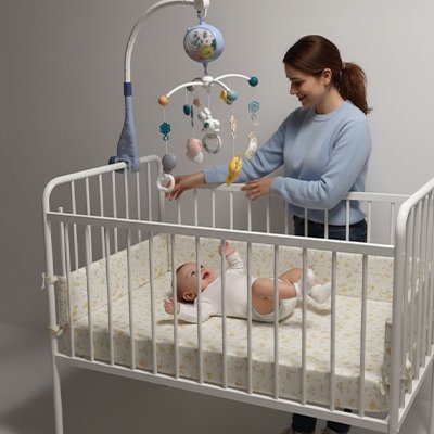 Mobile musical bébé avec figurines suspendues, projection lumineuse et maman près du berceau
