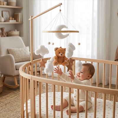 Mobile pour bébé avec ourson, nuages et étoiles au-dessus du lit pour stimuler l’éveil