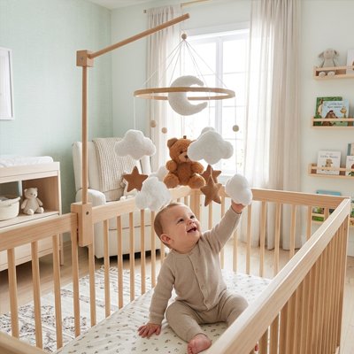Mobile pour bébé en bois avec nuages, étoiles et ourson suspendus au-dessus du berceau