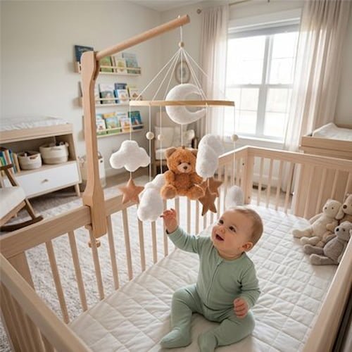 Mobile pour bébé en bois naturel avec ourson, nuages et étoiles dans une chambre lumineuse