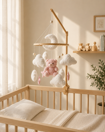 Mobile pour bébé ours rose installé au-dessus d’un berceau en bois dans une chambre douce