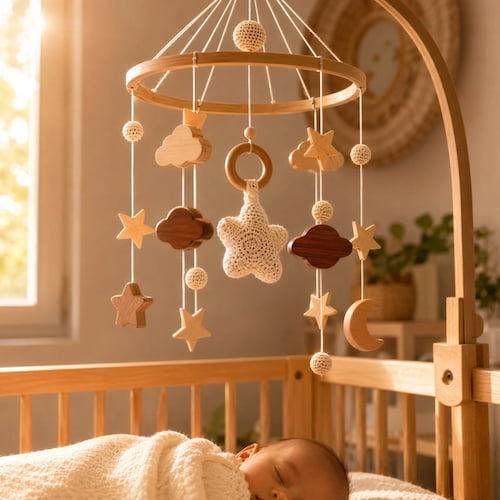 mobile pour lit bebe motif hochet etoile beige bebe dort lumiere