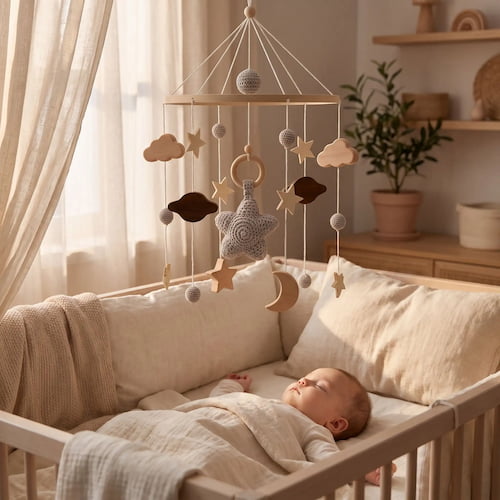 mobile pour lit bebe motif hochet etoile gris bebe dort