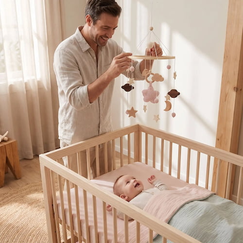 mobile pour lit bebe motif hochet etoile rose papa installe