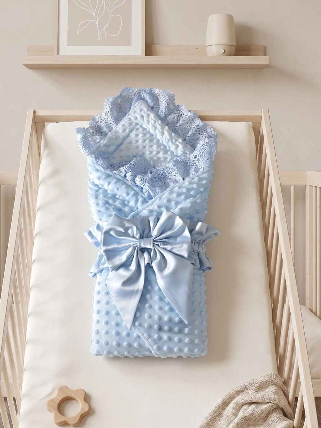 nid pour bebe bleu matelassé avec dentelle élégante et grand nœud présenté sur un lit blanc