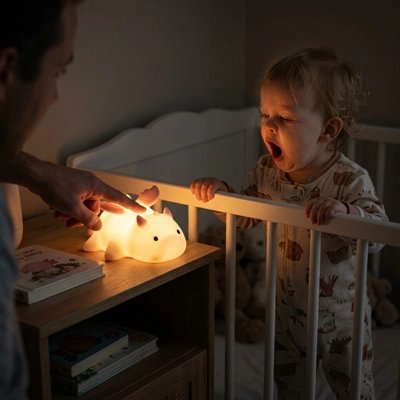 papa allumant une veilleuse bébé dinosaure pres du lit pendant que son enfant se prepare à dormir dans une ambiance apaisante