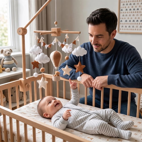 papa joue avec bebe pres du mobile pour bebe montgolfiere beige