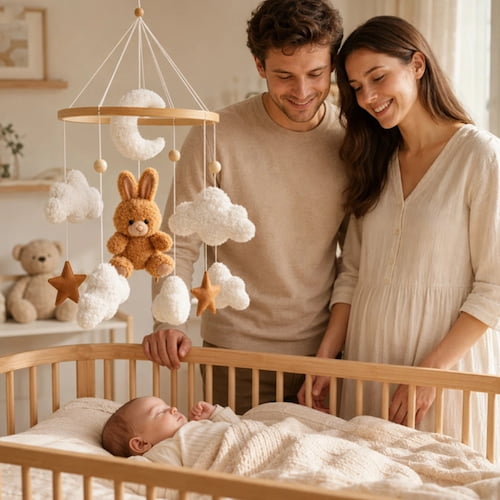 Parents admirant bébé endormi sous mobile lit bébé lapin marron
