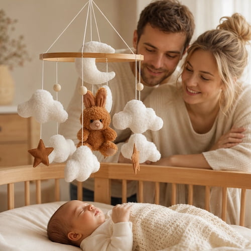 Parents émerveillés devant mobile lit bébé lapin marron