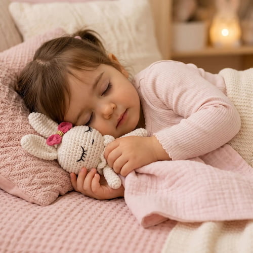 petite fille endormi en serrant son doudou bébé coton ecru compagnon doux pour des nuits paisibles