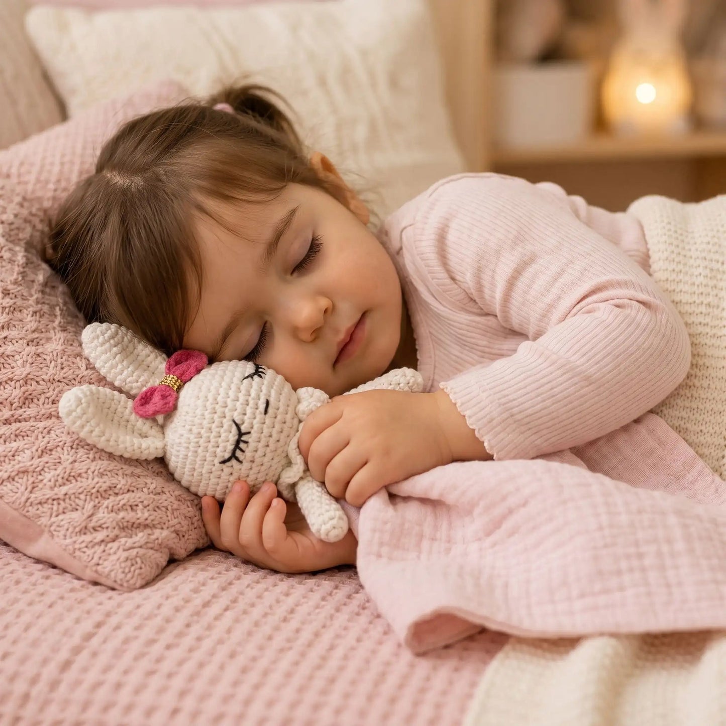 petite fille endormi en serrant son doudou bébé coton ecru compagnon doux pour des nuits paisibles