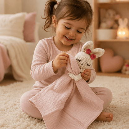 petite fille joue avec un doudou bébé rose compagnon tout doux pour reconforter et rassurer bebe