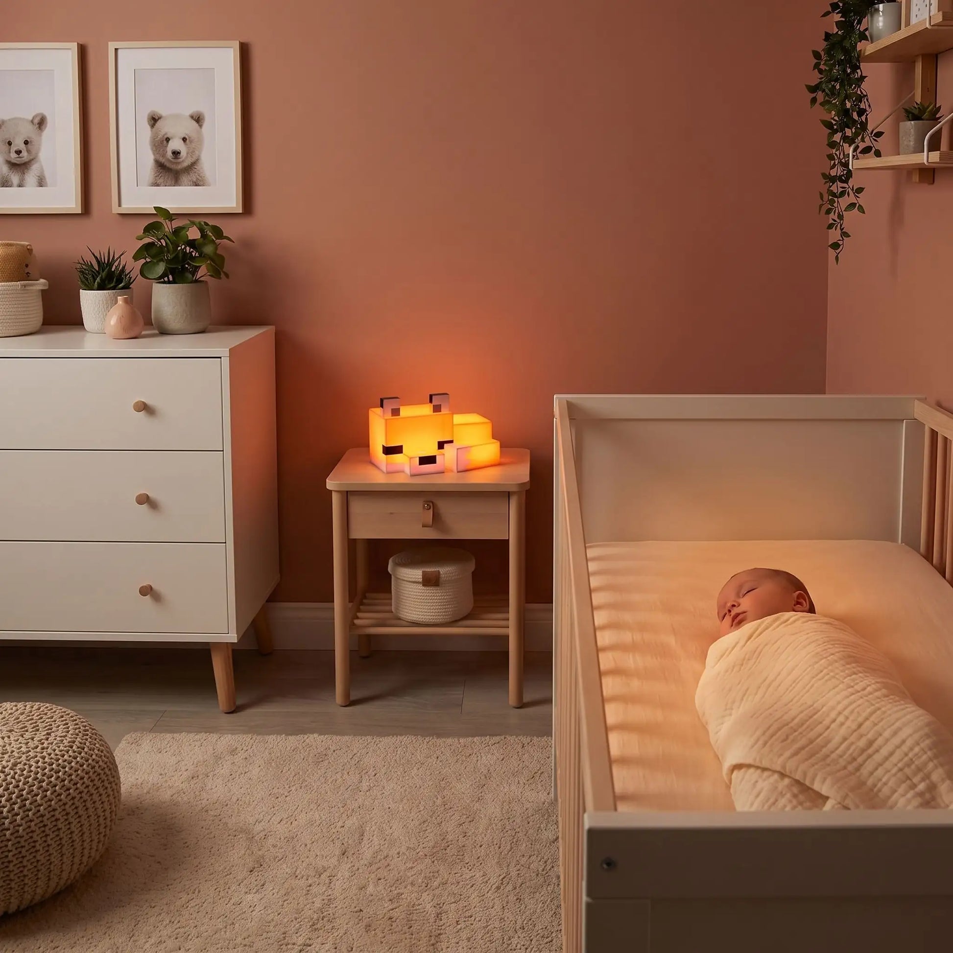 Renard veilleuse diffusant une lumière douce pour accompagner le sommeil de bébé
