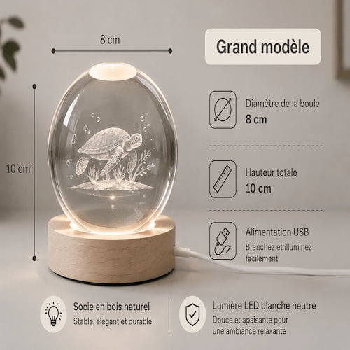 tortue veilleuse en cristal 3D grand modele 8 cm avec socle en bois naturel lumiere LED blanc neutre et cable USB