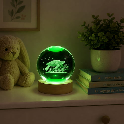 tortue veilleuse verte en cristal 3D sur une commode avec livres une chambre de bebe