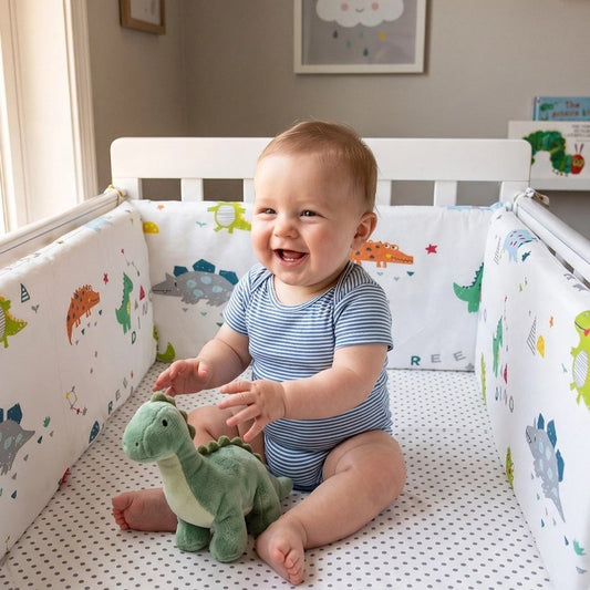 Tour de lit bébé avec motifs colorés de dinosaures installé dans un berceau