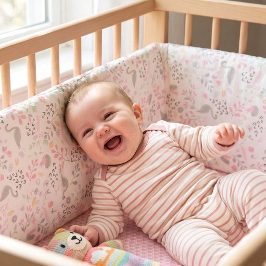Tour de lit bebe cygne installé dans un berceau en bois avec un bébé souriant.